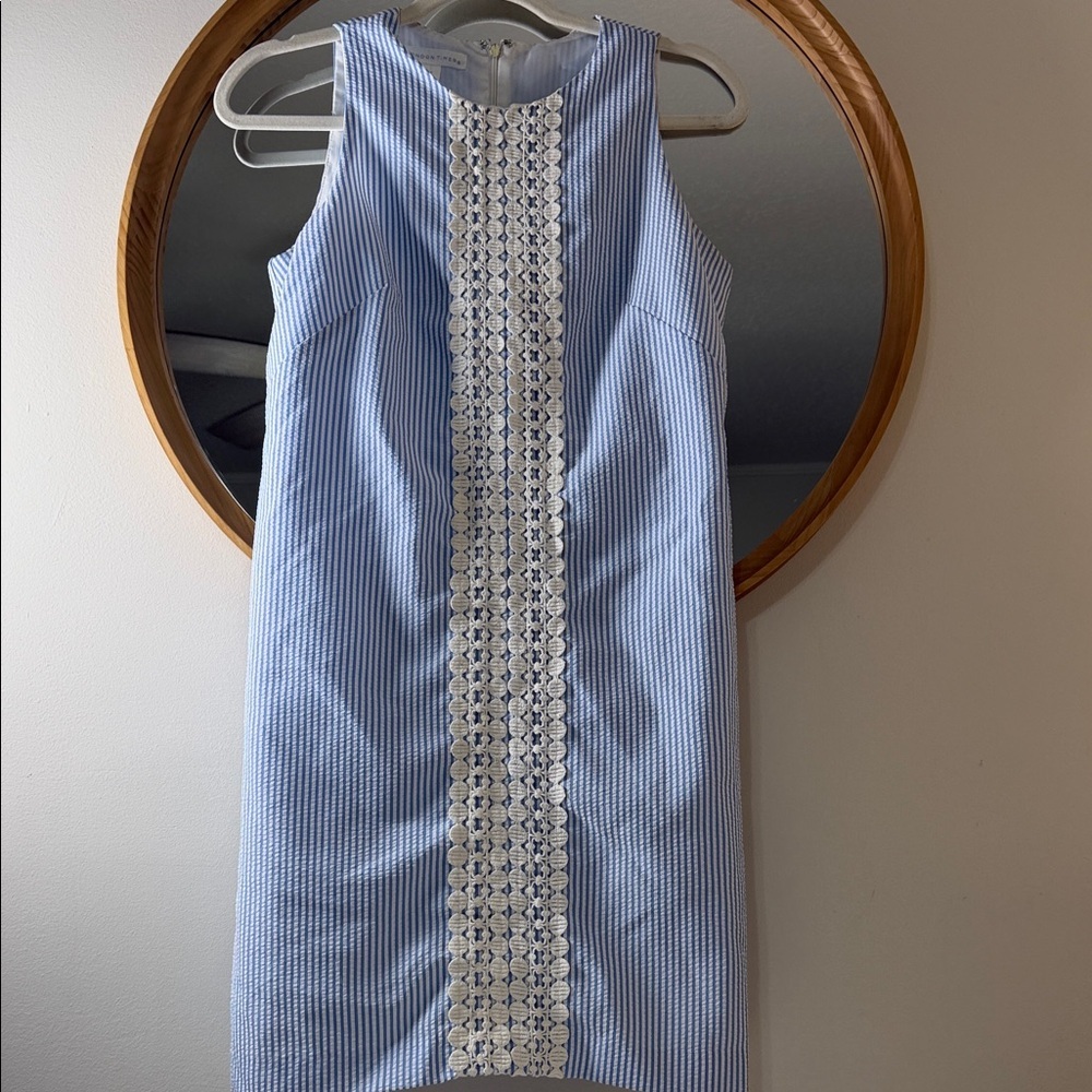 London Times Light Blue and White‎ Striped Midi Dress with Center Lace Trim